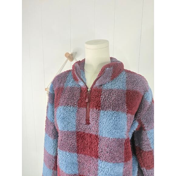 Eddie Bauer Plaid Sherpa Fleece Quarter Zip Pullover Jacket Size Small Blue Red - Picture 5 of 10